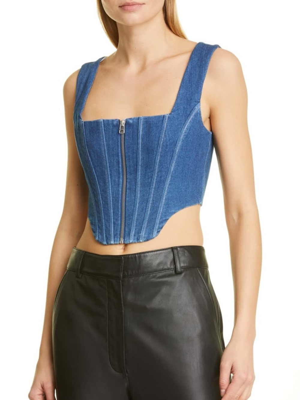 NWOT Staud Cindy Denim Zip-Front Corset Crop Top - Blue